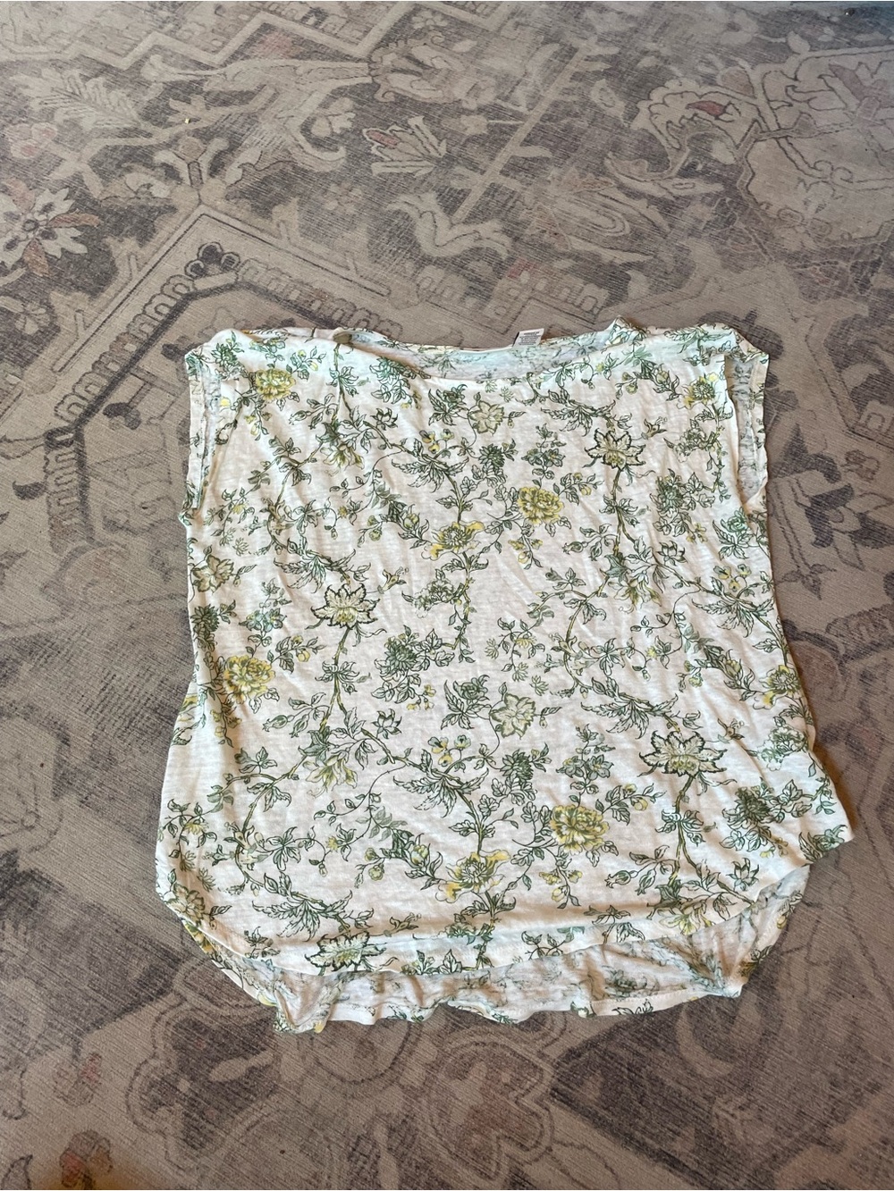 Laura Ashley White Floral Print Tee with Green and Yellow Accents